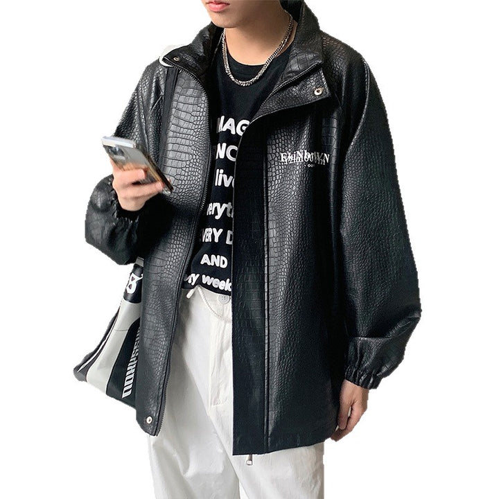 Herren Oversized Kunstlederjacke mit Krokodilprägung und Rückenlogo Drune