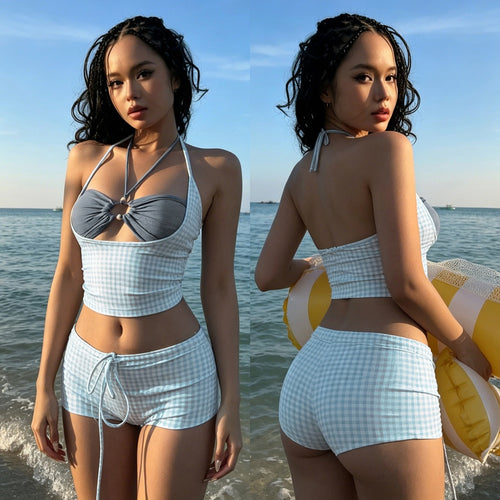 Damen sportliches Bikiniset mit hochgeschlossenem Top und charmanten Rüschendetails Drune