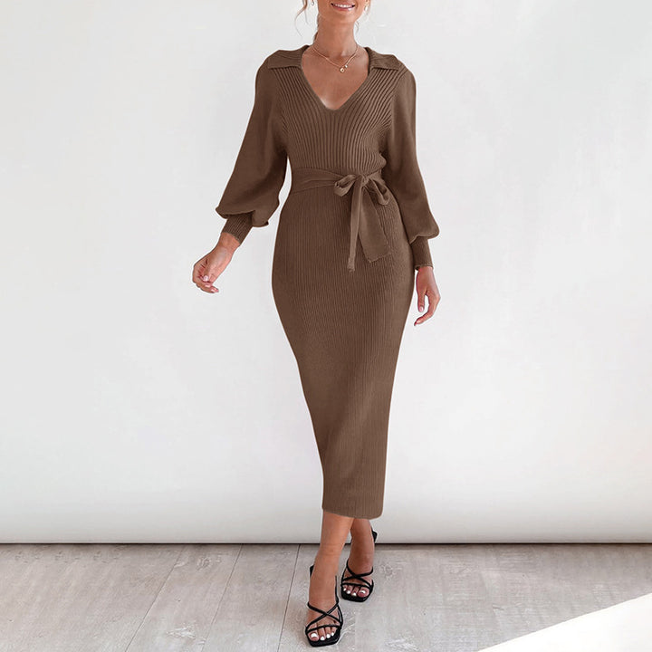 Damen Elegantes Strickkleid mit V-Ausschnitt und Taillengürtel Drune