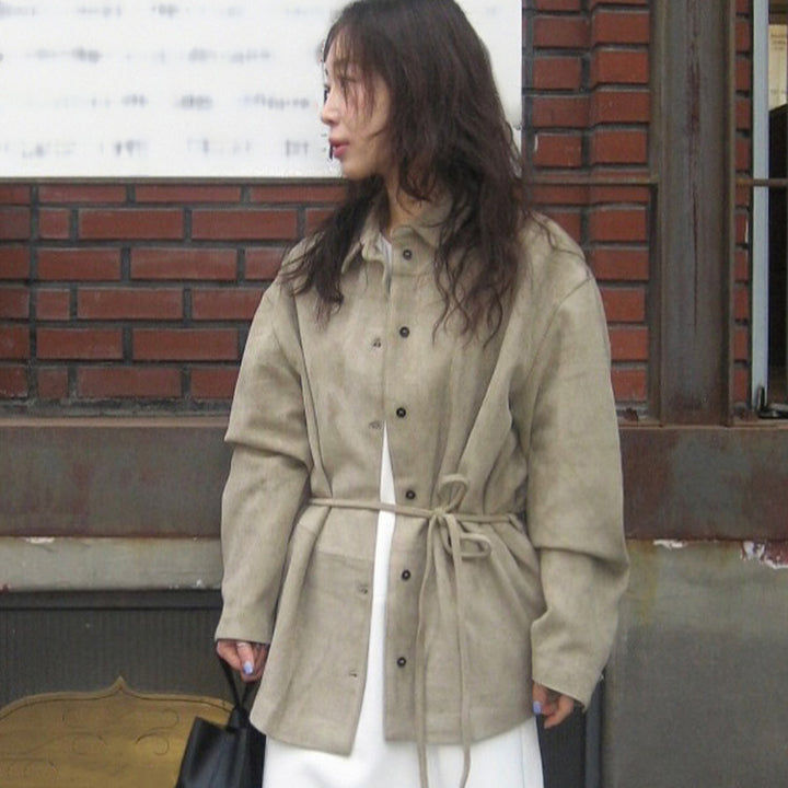 Damen Oversize Velourslederoptik-Utility-Jacke mit Tunnelzugtaillierung Drune