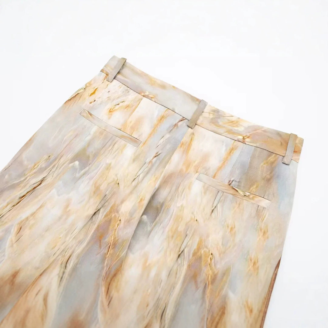 Damen nan weite Palazzo-Hose mit hohem Bund und marmoriertem Druck Drune