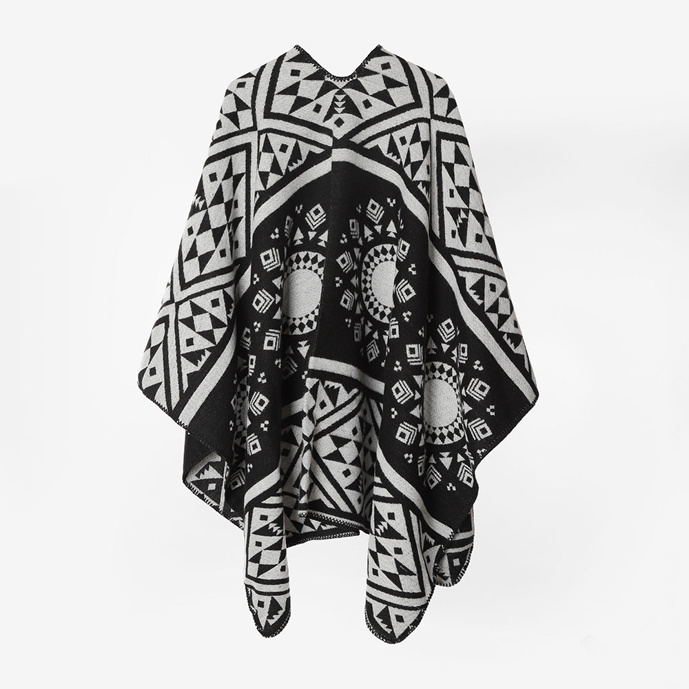 Damen Gewebter Oversize-Capeponcho mit aztekischem Jacquardmuster und dekorativer Kettelkante Drune