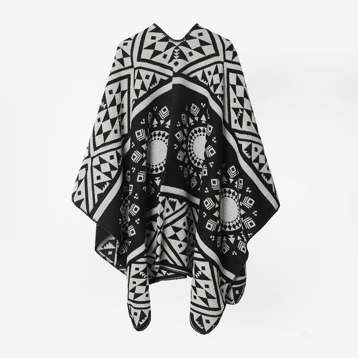 Damen Gewebter Oversize-Capeponcho mit aztekischem Jacquardmuster und dekorativer Kettelkante Drune