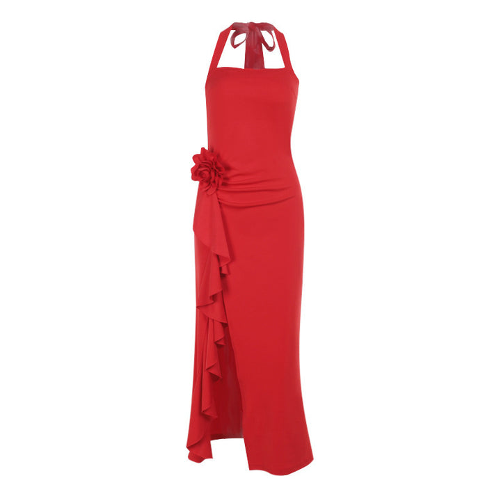 Damen Abendkleid mit asymmetrischem Rüschendesign und verführerischen Halterneck Drune