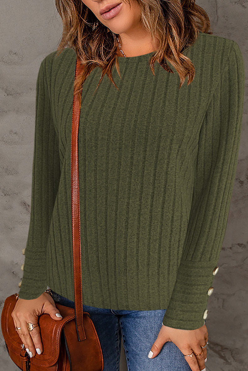 Damen Gerippter Feinstrickpullover mit Rundhalsausschnitt und Zierknopf‑Manschetten Drune