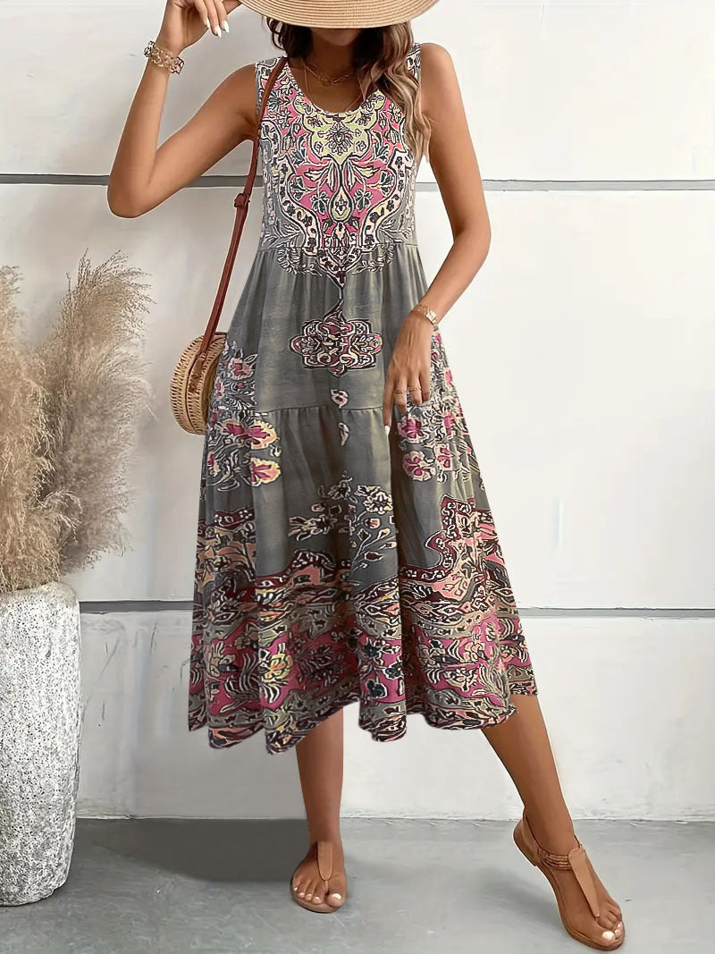 Damen Maxi-Kleid mit verspieltem Ethnomuster und schwingendem Schnitt Drune