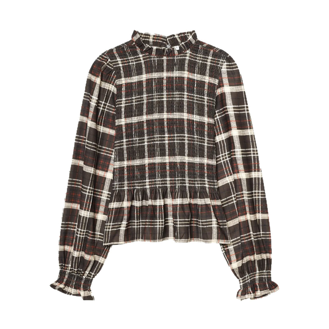 Damen Bluse mit Smok-Detail, Rüschenkragen und Volumenärmeln Drune