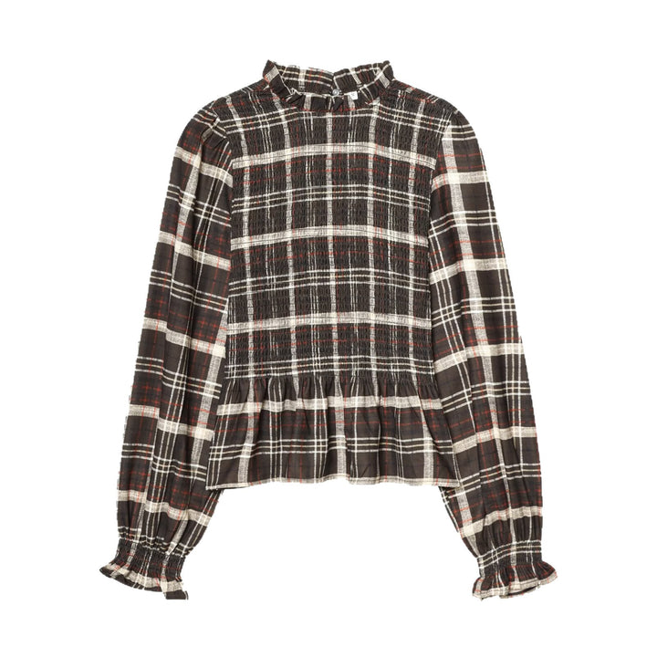 Damen Bluse mit Smok-Detail, Rüschenkragen und Volumenärmeln Drune