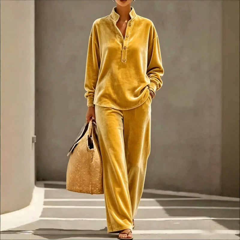 Damen Velours-Loungewear-Set mit Stehkragen-Henleytop und weiter Palazzohose Drune