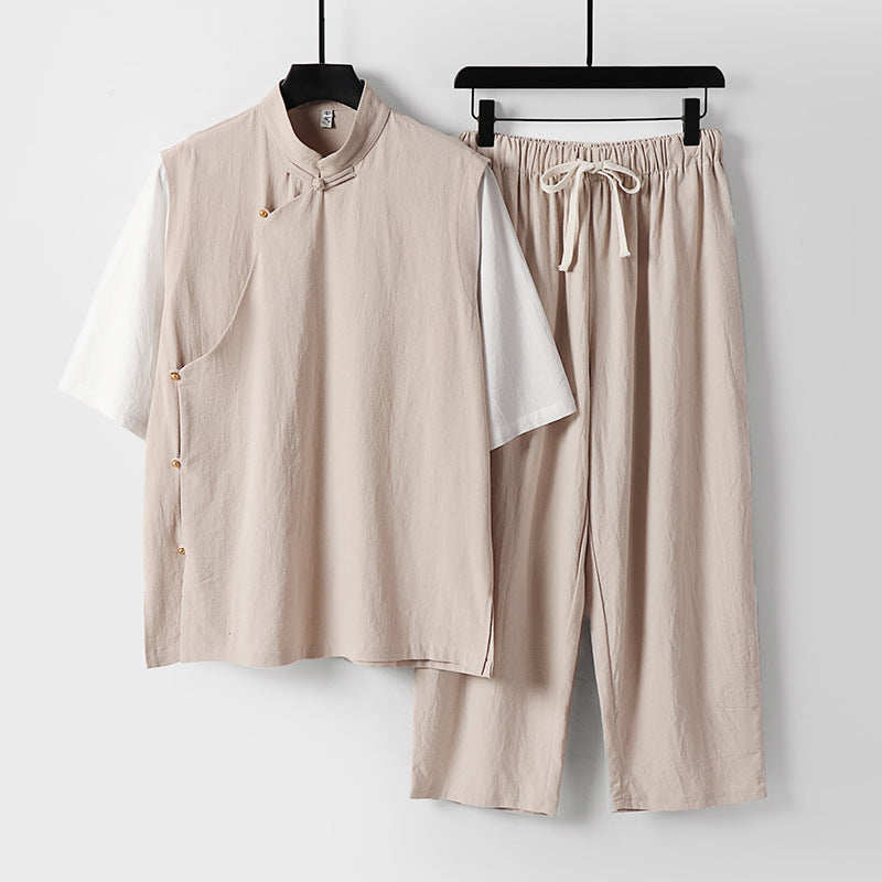 Herren Asymmetrisches Kimono-Loungewear-Set mit Stehkragen und Kordelhose Drune