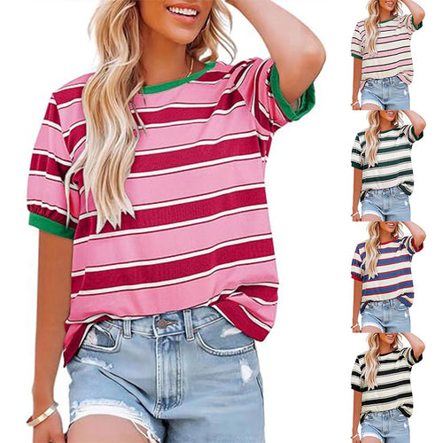 Damen lässiges Streifen T-Shirt mit Kurzarm und Rundhalsausschnitt Drune
