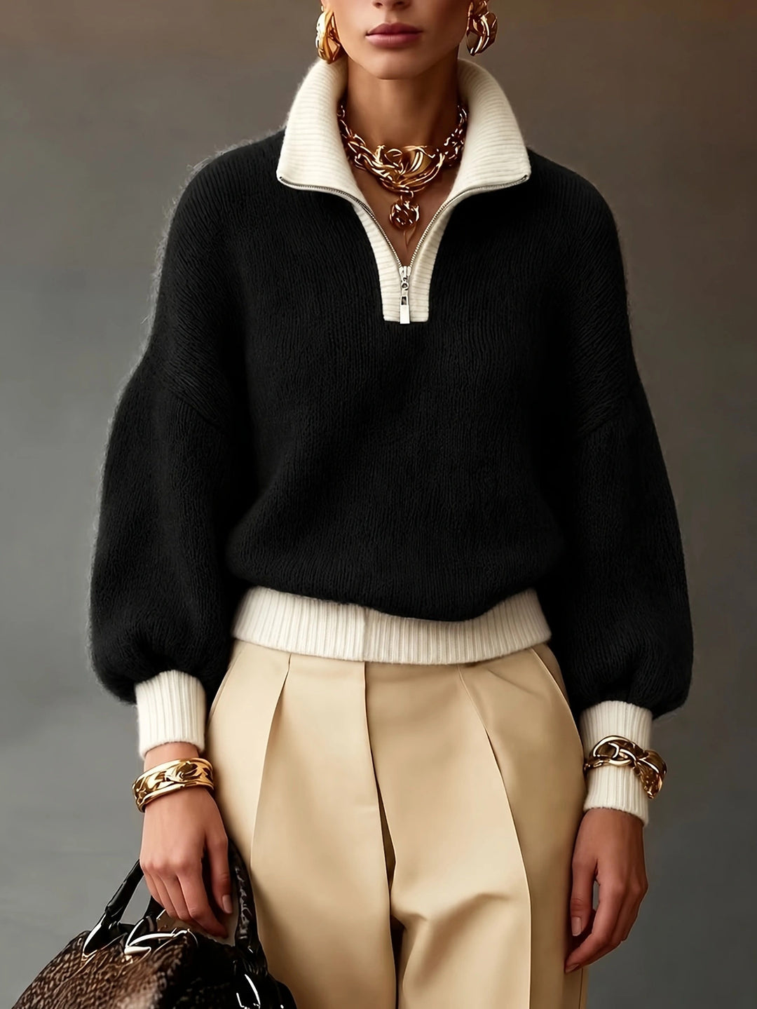Damen Flauschiger Pullover mit halbem Reißverschluss, Stehkragen und Ballonärmeln Drune
