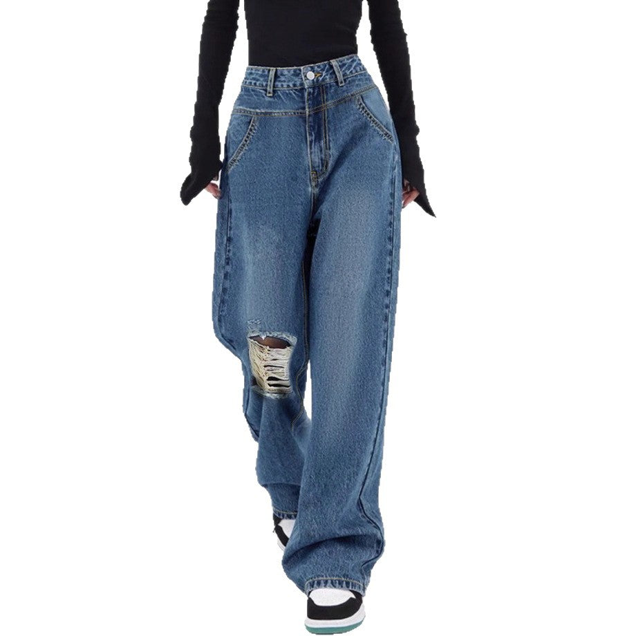 Damen hochtaillierte Oversized-Baggy-Jeans mit Knie-Rip und weitem Bein Drune