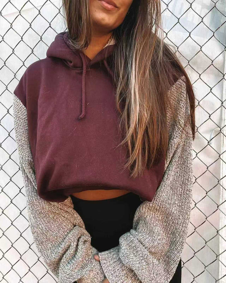 Damen nan Kapuzen-Cropped-Pullover mit weitgeschnittenen Strickärmeln und Kordelzug Drune