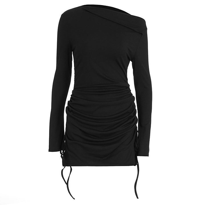 Damen Elegantes figurbetontes Kleid mit asymmetrischem Ausschnitt und Raffungen Drune