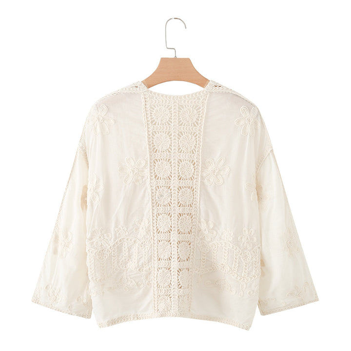 Damen Kurze Häkel- und Stickjacke im Boho-Kimono-Stil mit Bindeband Drune