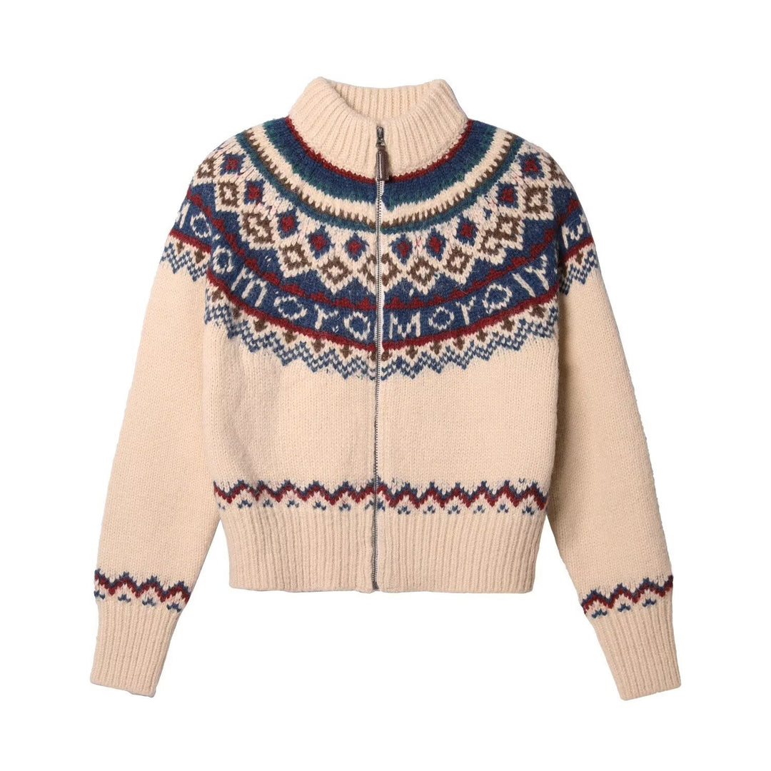 Damen Kuschelige Grobstrickjacke mit Zipper und geometrischem Muster Drune