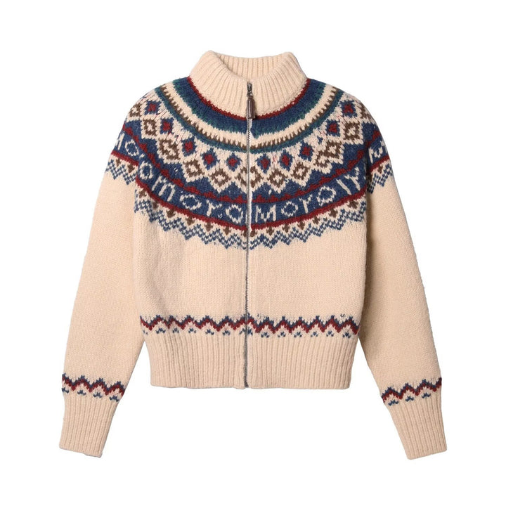 Damen Kuschelige Grobstrickjacke mit Zipper und geometrischem Muster Drune