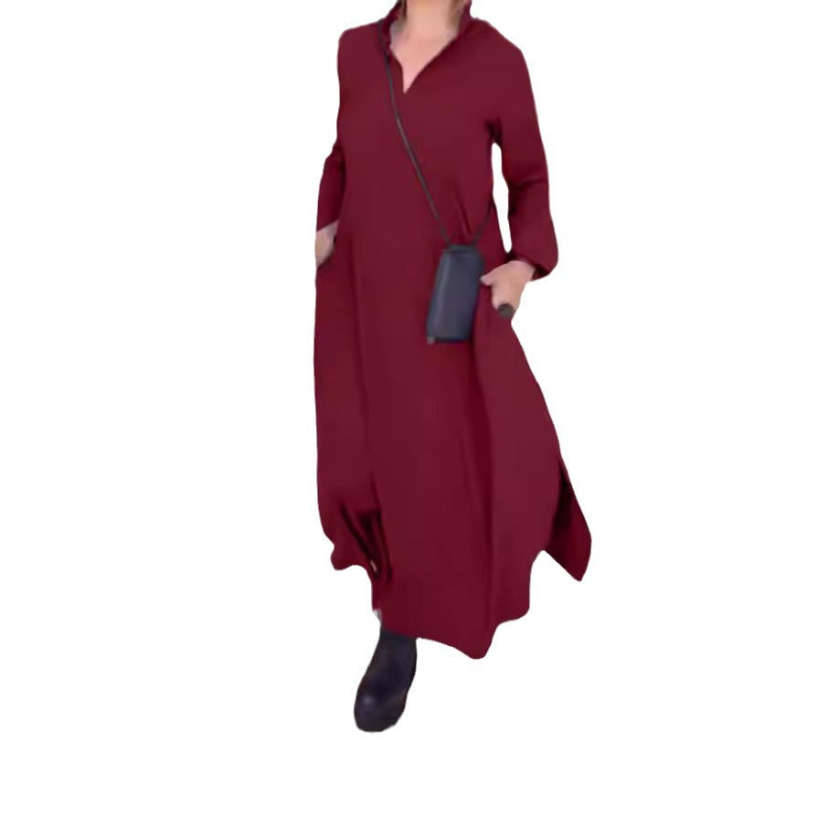 Damen nan fließendes Maxikleid mit V-Ausschnitt, kastiger A-Linie und langen Ärmeln Drune