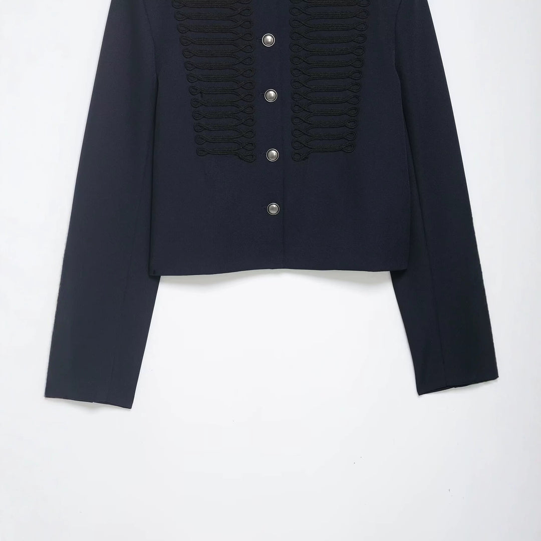 Damen Kurze Military Jacke mit Stehkragen, Zierkordeln und Metallknopfleiste Drune