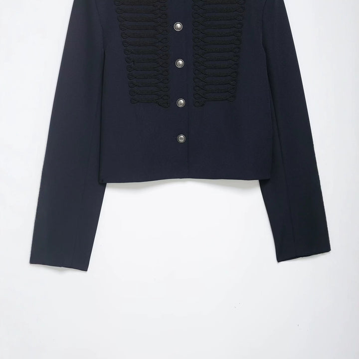 Damen Kurze Military Jacke mit Stehkragen, Zierkordeln und Metallknopfleiste Drune