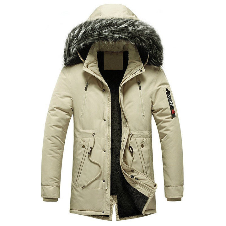 Herren Winterparka mit Kunstfellkapuze, gefütterter Thermo-Mantel mit Kordelzug Drune