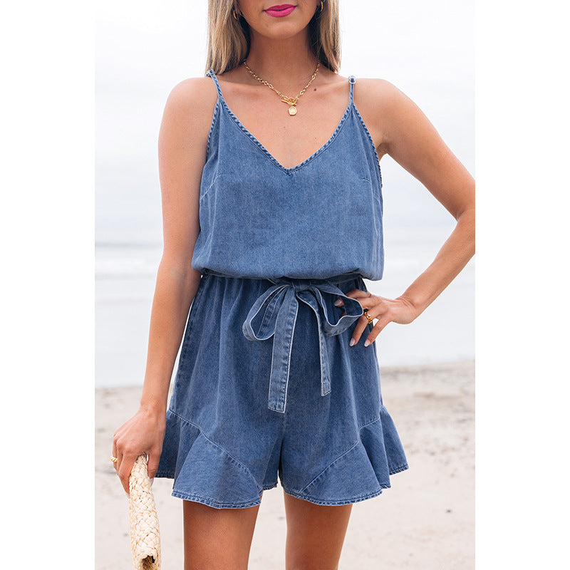 Damen Denim Jumpsuit mit Volant und verstellbarem Taillenzug Drune