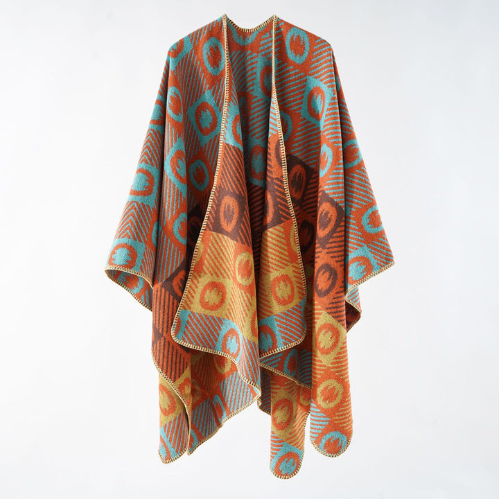 Damen Jacquard-Wickelponcho aus feinem Strick mit grafischem Kreis-Jacquard und offener Kimono-Silhouette Drune