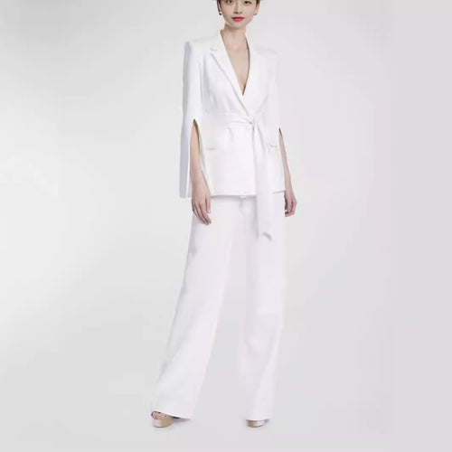 Damen Taillierter Cape-Blazer mit Bindegürtel und weiten Palazzohosen Drune