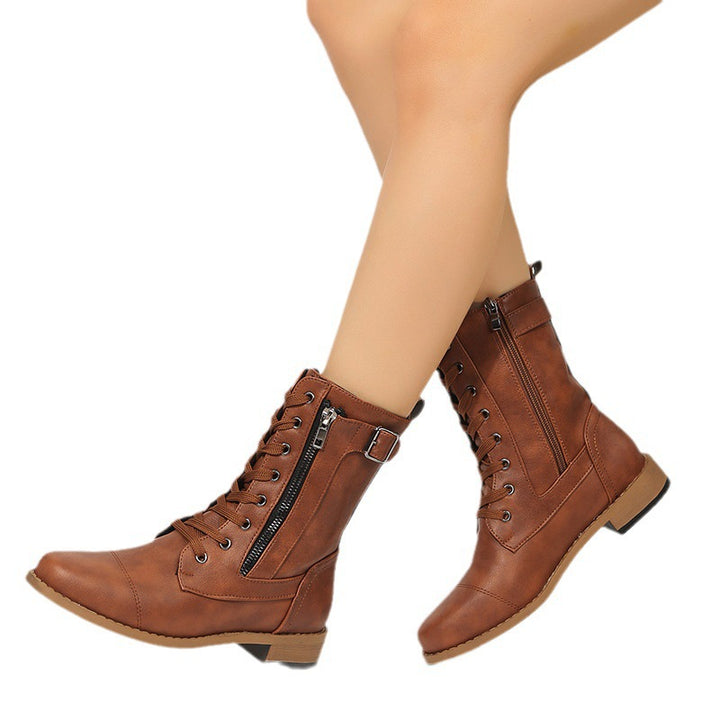 Damen nan knöchelhohe Schnür‑Combat‑Stiefelette mit seitlichem Doppelreißverschluss und verstellbarem Schnallenriemen Drune