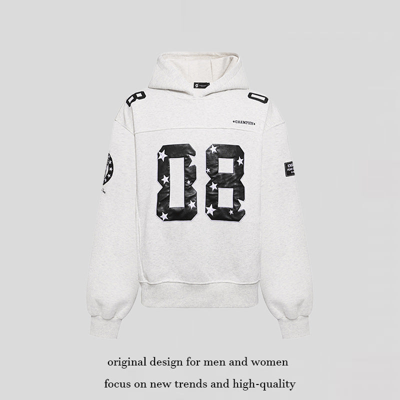 Damen Oversize Kapuzen-Sweatshirt mit großflächigem Zahlendruck und Sternapplikationen Drune