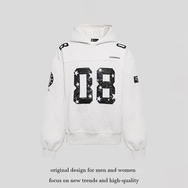 Damen Oversize Kapuzen-Sweatshirt mit großflächigem Zahlendruck und Sternapplikationen Drune