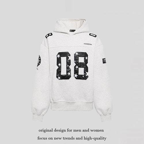 Damen Oversize Kapuzen-Sweatshirt mit großflächigem Zahlendruck und Sternapplikationen Drune