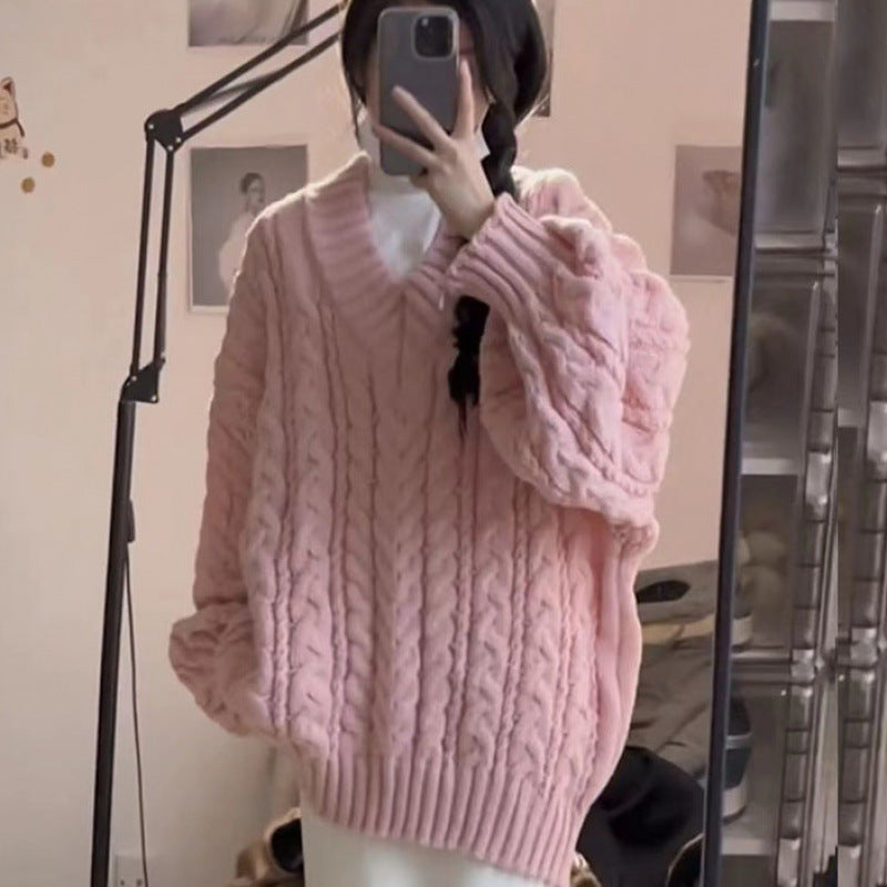 Damen Grobstrickpullover mit V-Ausschnitt und voluminösen Ärmeln Drune