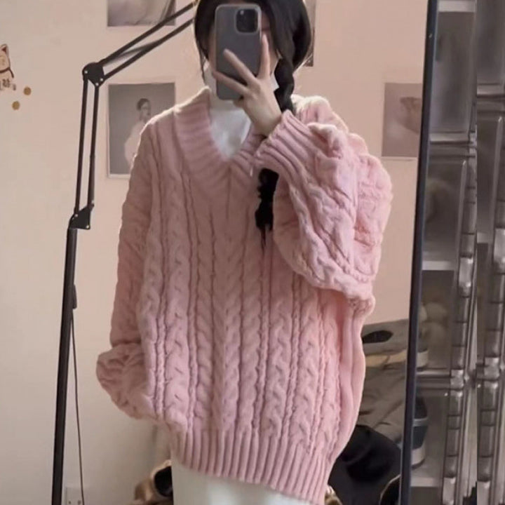 Damen Grobstrickpullover mit V-Ausschnitt und voluminösen Ärmeln Drune