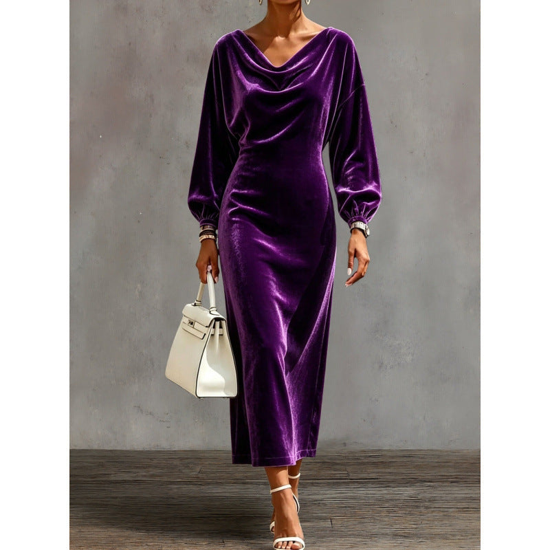 Damen Midikleid aus Samt mit drapiertem Wasserfallkragen und Ballonärmeln Drune