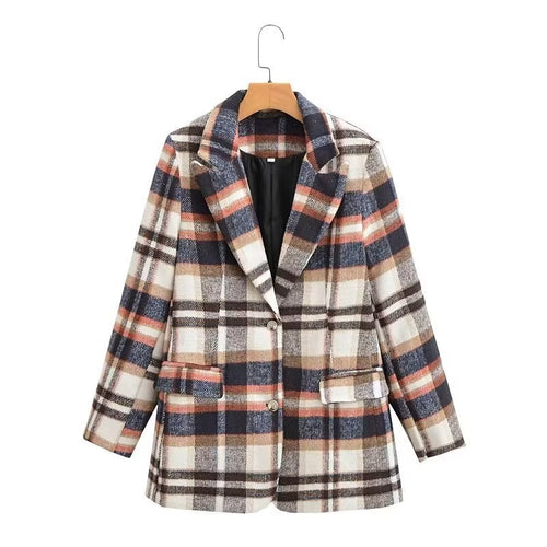 Damen Karierter Wollmix-Einreiher Blazer mit Reverskragen und Pattentaschen Drune