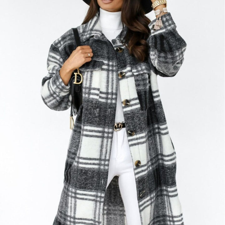 Damen Karierter Wollmantel mit Knopfdetails und praktischen Taschen Drune