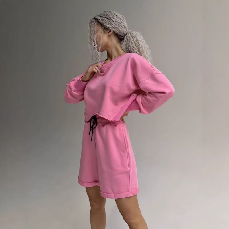 Damen lässiges Sweatshirt- und Shorts-Set mit Kordelzug und farbenfrohem Design