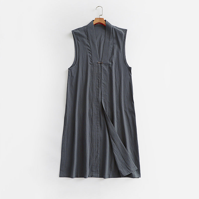 Damen Langer ärmelloser Kimono-Weste aus Leinenmix mit schmaler Schalkante und dekorativem Knebelverschluss Drune