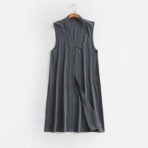 Damen Langer ärmelloser Kimono-Weste aus Leinenmix mit schmaler Schalkante und dekorativem Knebelverschluss Drune