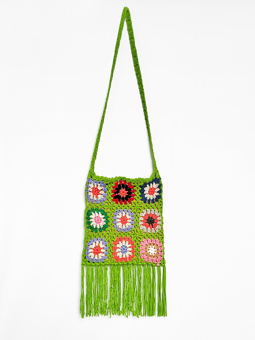 Damen gehäkelte Umhängetasche mit bunten Blumenmustern und Fransen Drune