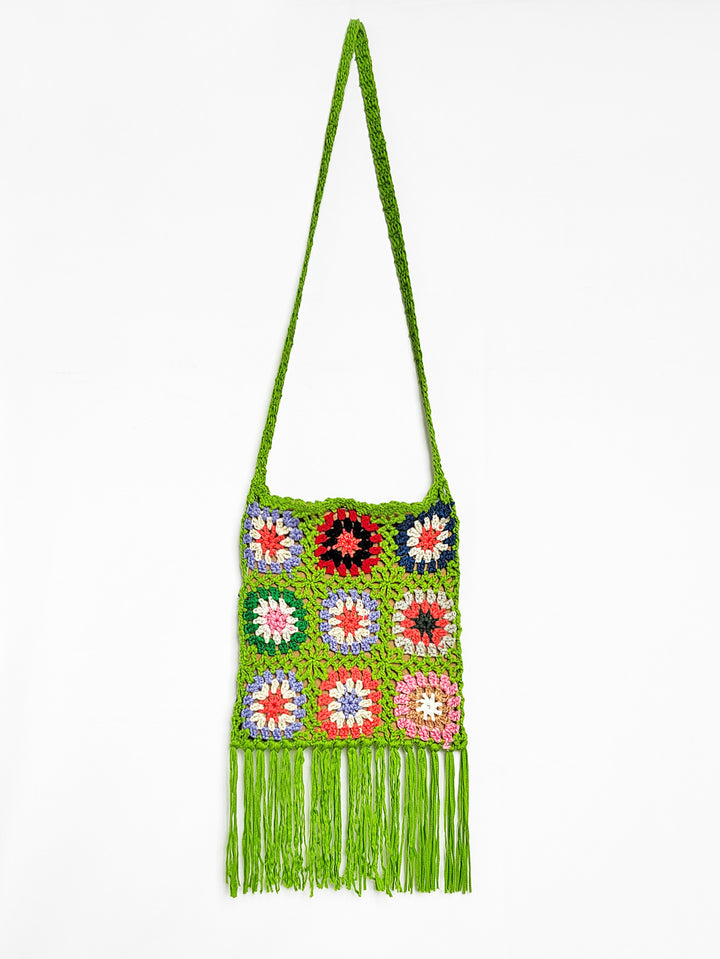 Damen gehäkelte Umhängetasche mit bunten Blumenmustern und Fransen Drune