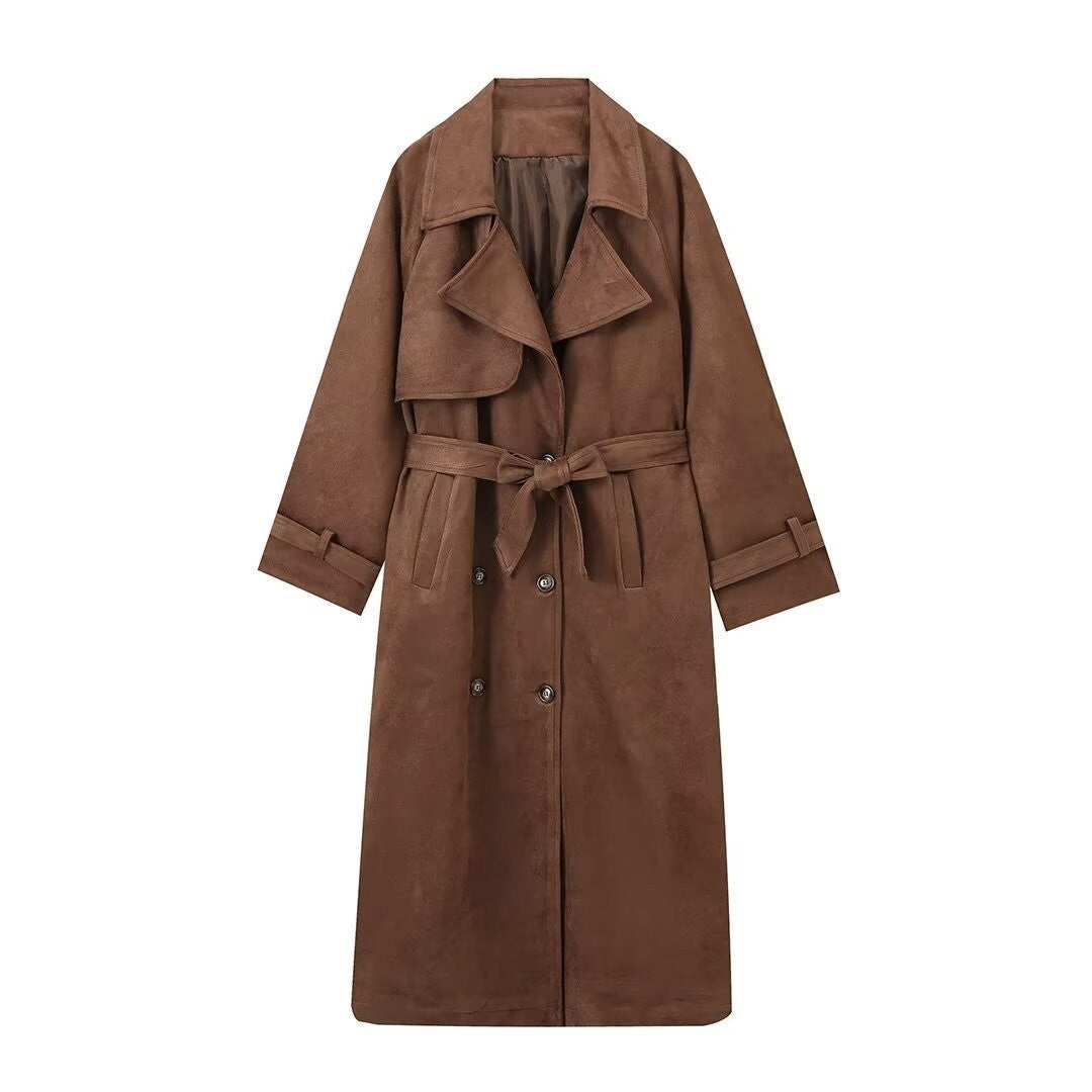Damen langer Wildleder-Trenchcoat mit Taillengürtel Drune