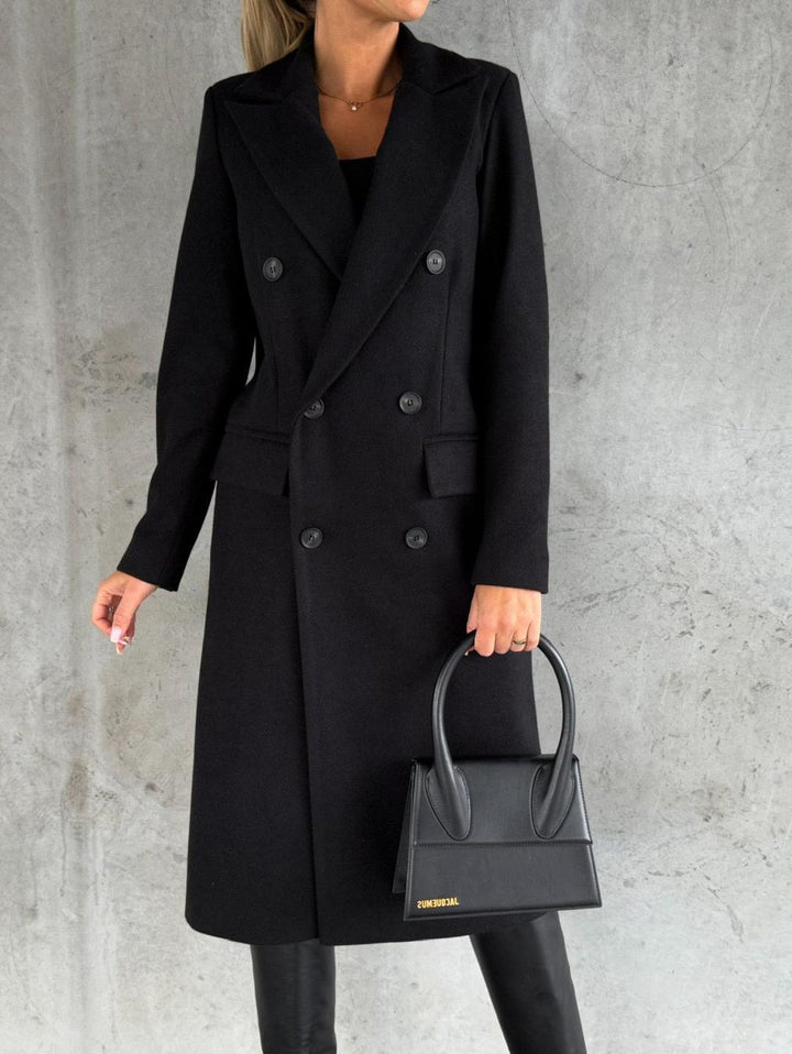 Damen Eleganter Doppelreiher-Mantel mit strukturiertem Stoff und taillierbarem Gürtel Drune
