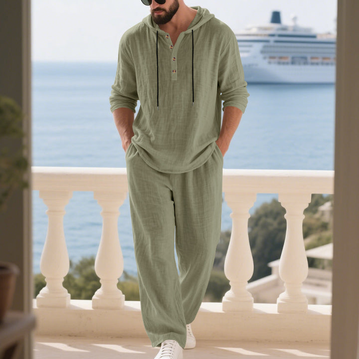 Herren nan lässiges Leinenzweiteiler-Set mit Kapuzenhemd im Henley-Stil und weiten Freizeit-Hosen Drune