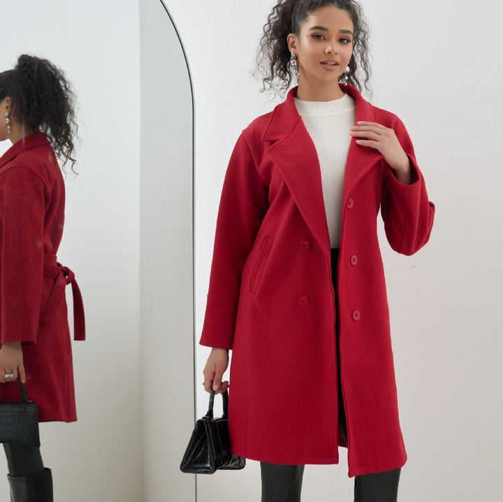 Damen Eleganter knielanger Zweireihiger Wollblend-Mantel mit Reverskragen Drune