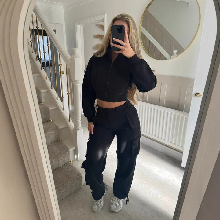 Damen modisches cropped Freizeit-Set mit funktionalem Reißverschluss und praktischen Taschen Drune