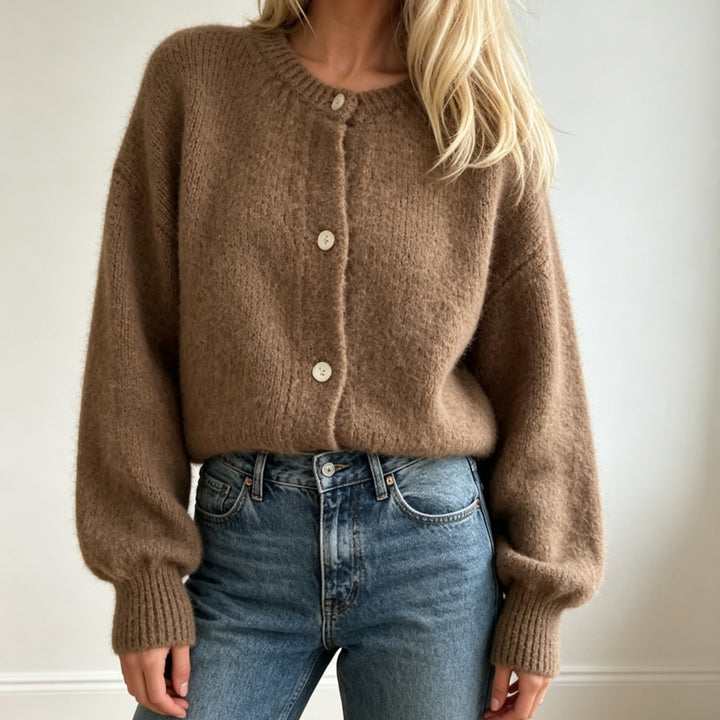 Damen Kuschelige Mohair-Optik Strickjacke mit Rundhals und Ballonärmeln Drune