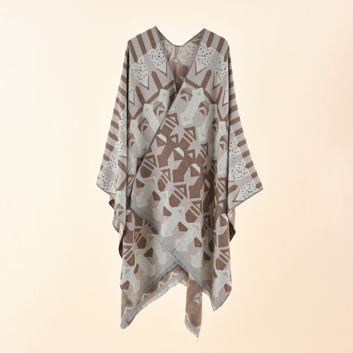 Damen Strick-Überwurfcape im Ruana-Stil mit grafischem Jacquard und Fransensaum Drune